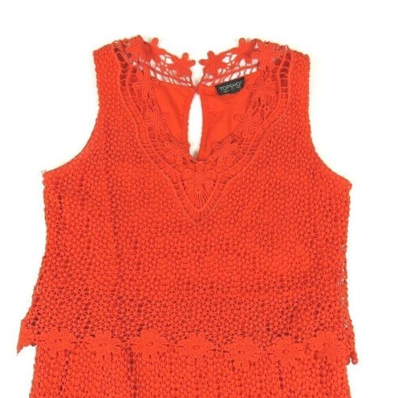 TOPSHOP Dress Floral Crochet Orange Lined V-Neck Mini Sleeveless Women's Size 4 - Picture 2 of 10